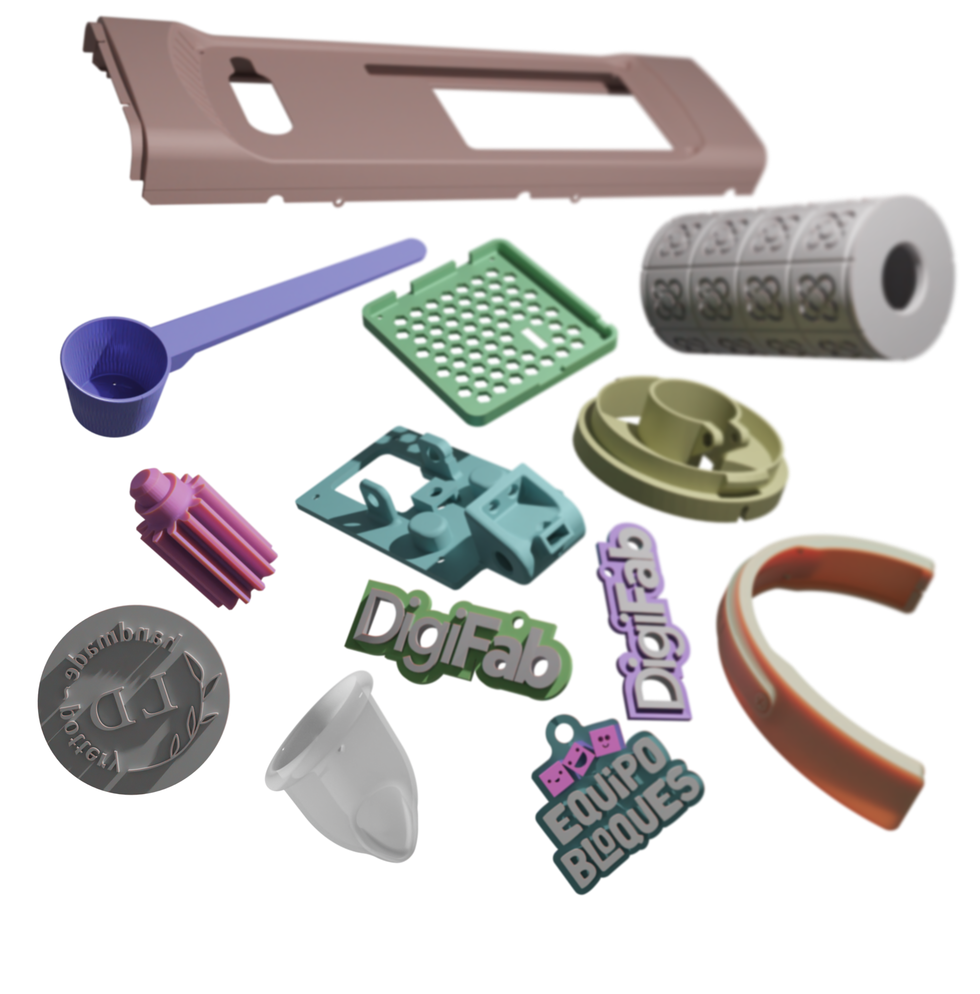 Colección de piezas impresas en 3D por DigiFAB incluyendo componentes funcionales, logotipos y prototipos en varios colores